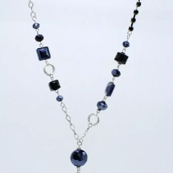 I.N.C. Silver Tassel Necklace with Jet Stones & Rhinestones NWT 26" - Picture 4 of 4